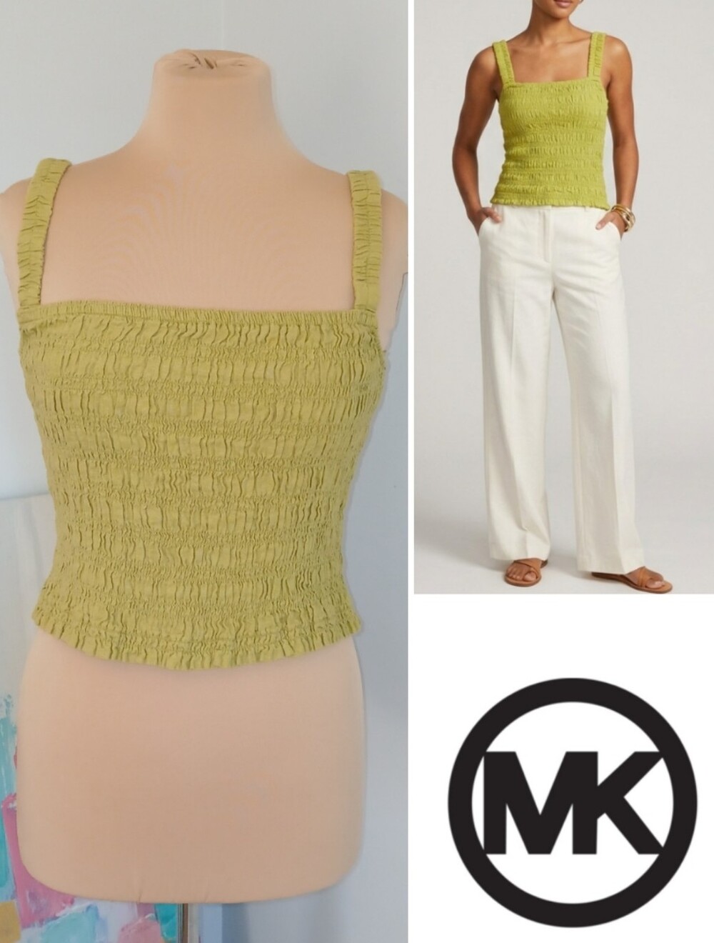 Michael Kors Linen Blend Smocked Square Neck Cami, Green/  Summer 26 piece